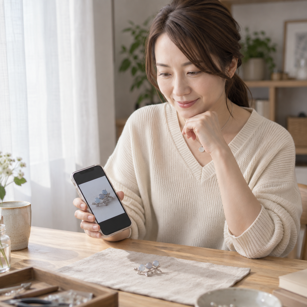 作家が手元の作品とスマートフォンに表示した写真を見比べている説明用画像